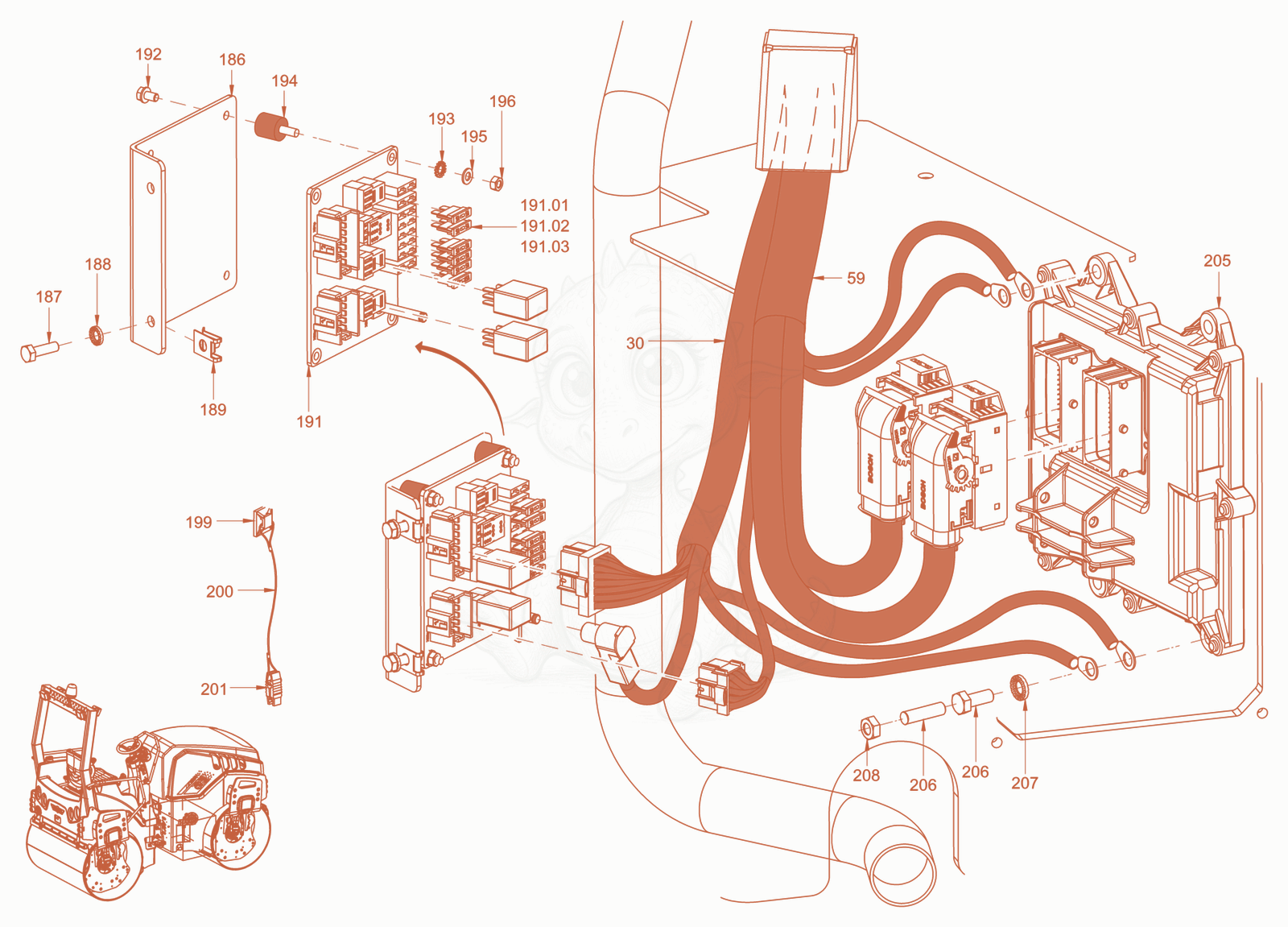 Exploded parts diagram of the electrical system of a Wacker Neuson RD40-130CDPF, with numbered balloons