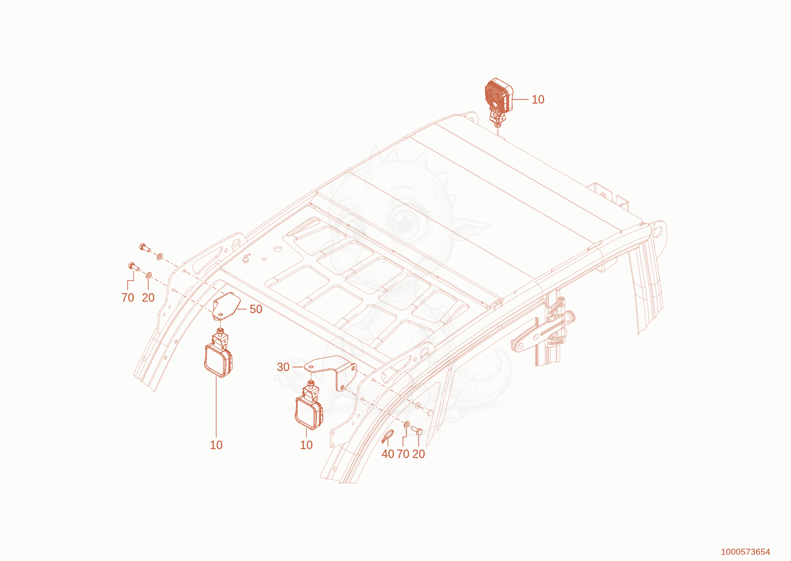 Exploded parts diagram of the working light of a Wacker Neuson TH625(T06-01), with numbered balloons