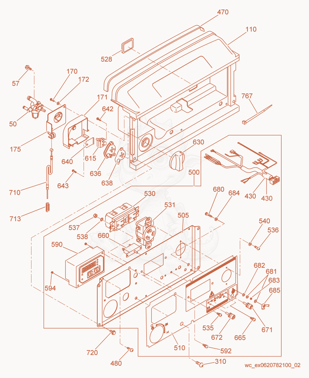 Exploded parts diagram of the Control Box/Front Panel cpl. of a Wacker Neuson GPI4300, with numbered balloons