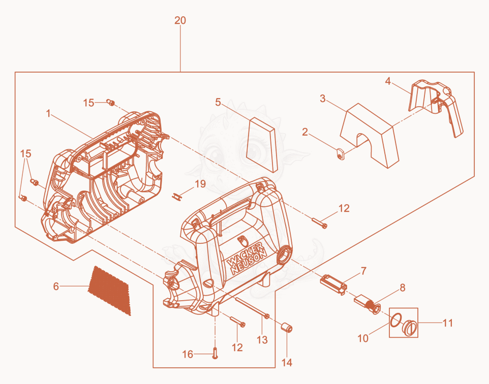 Exploded parts diagram of the Housing cpl. of a Wacker Neuson M2000/230/RFI, with numbered balloons