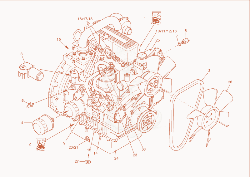 Exploded parts diagram of the diesel engine of a Wacker Neuson 5001RDV, with numbered balloons