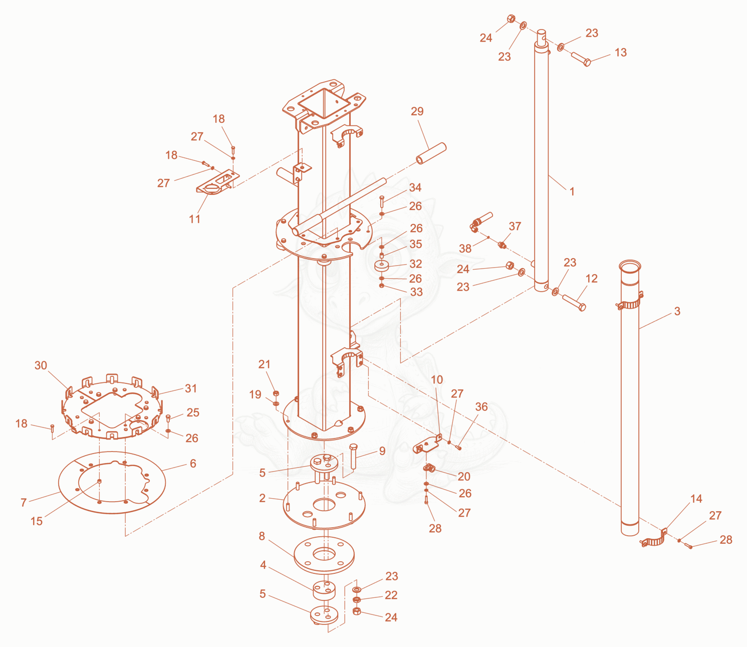 Exploded parts diagram of the light pole mounting of a Wacker Neuson LTN5Y, with numbered balloons