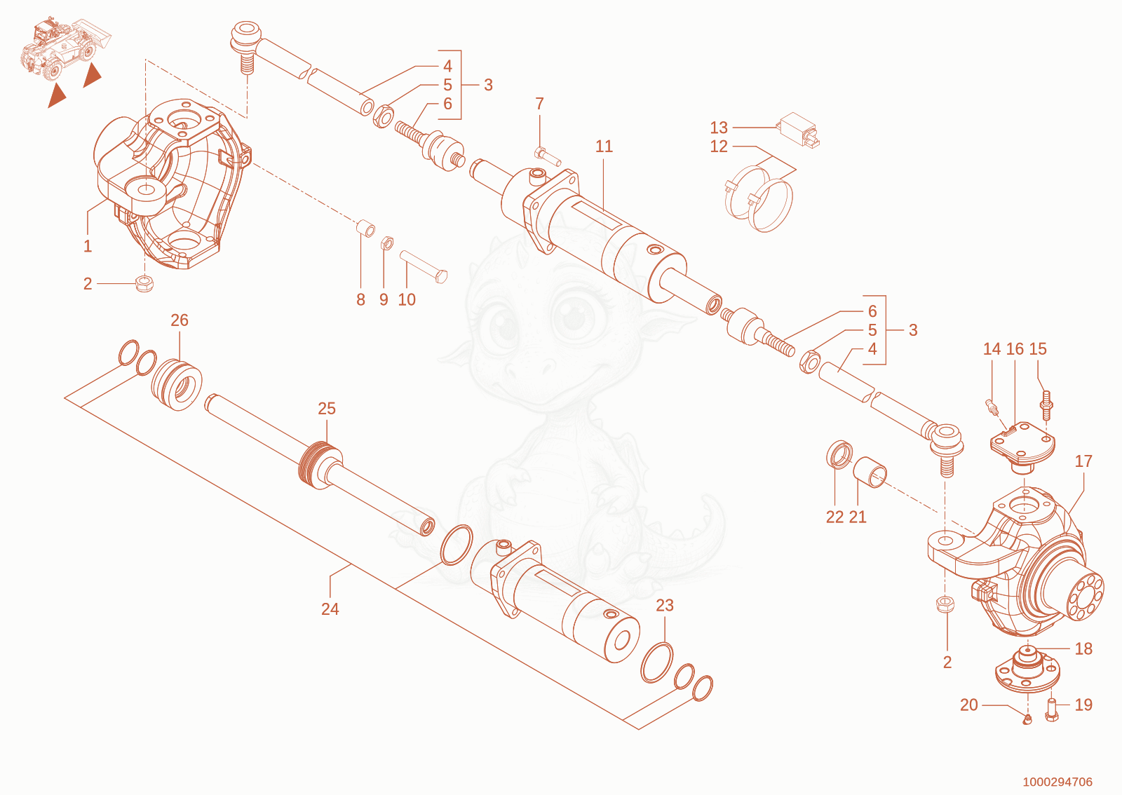 Exploded parts diagram of the steering cylinder of a Wacker Neuson TH744(416-02), with numbered balloons
