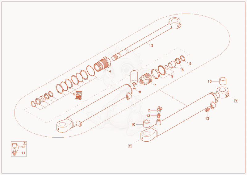 Exploded parts diagram of the boom offset cylinder of a Wacker Neuson 1403RD, with numbered balloons