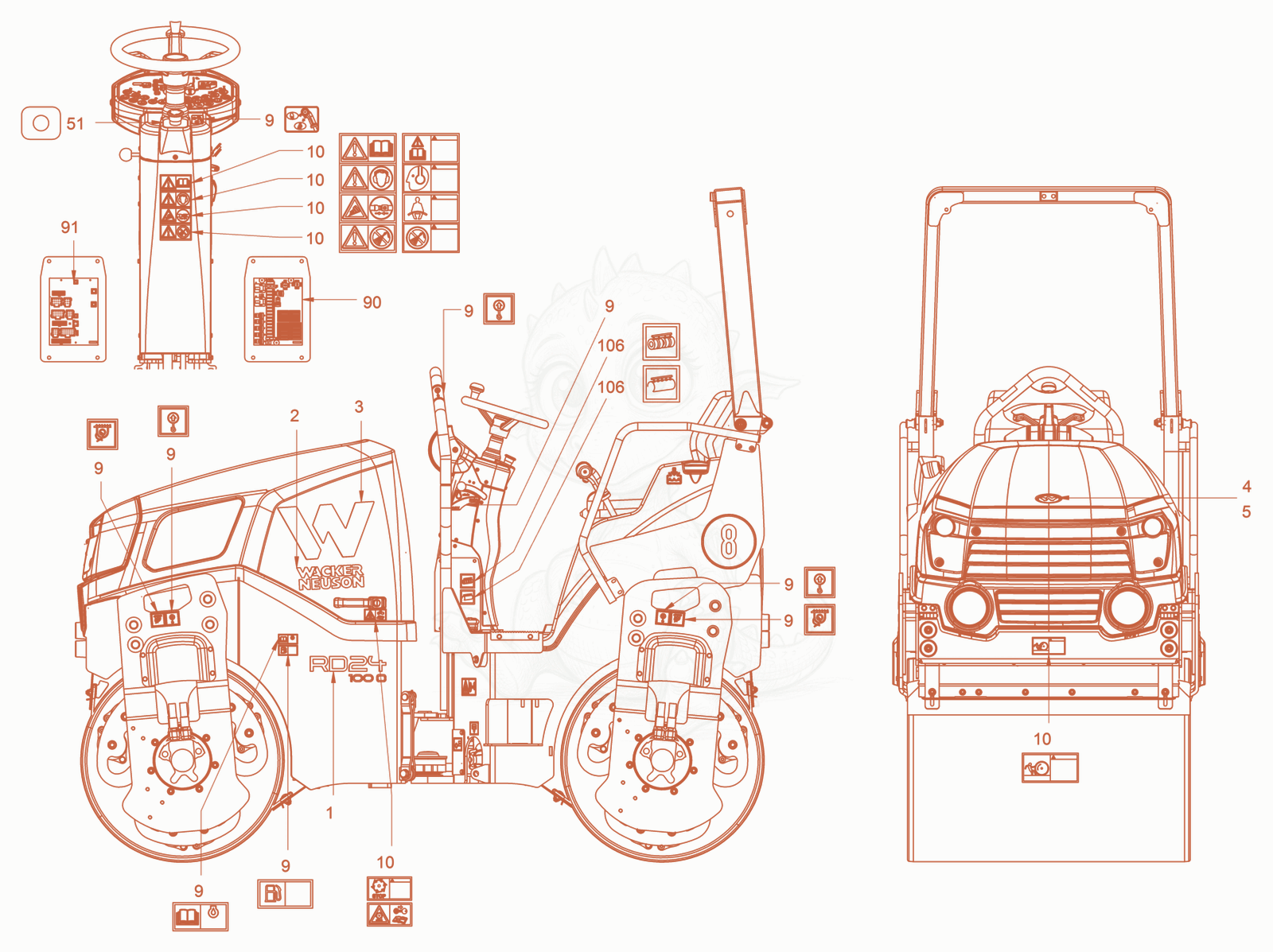 Exploded parts diagram of the sticker arrangement of a Wacker Neuson RD24-100C, with numbered balloons