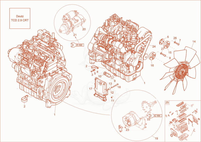 Exploded parts diagram of the diesel engine of a Wacker Neuson ET90, with numbered balloons