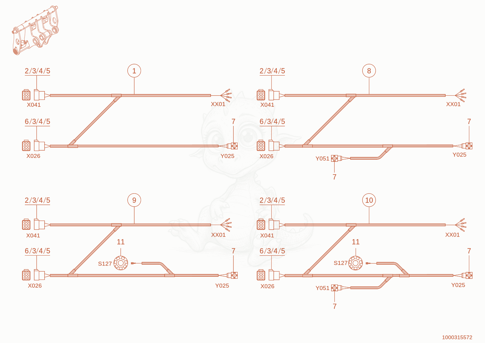 Exploded parts diagram of the Quickhitch facility wiring harnesses of a Wacker Neuson TH744(416-02), with numbered balloons