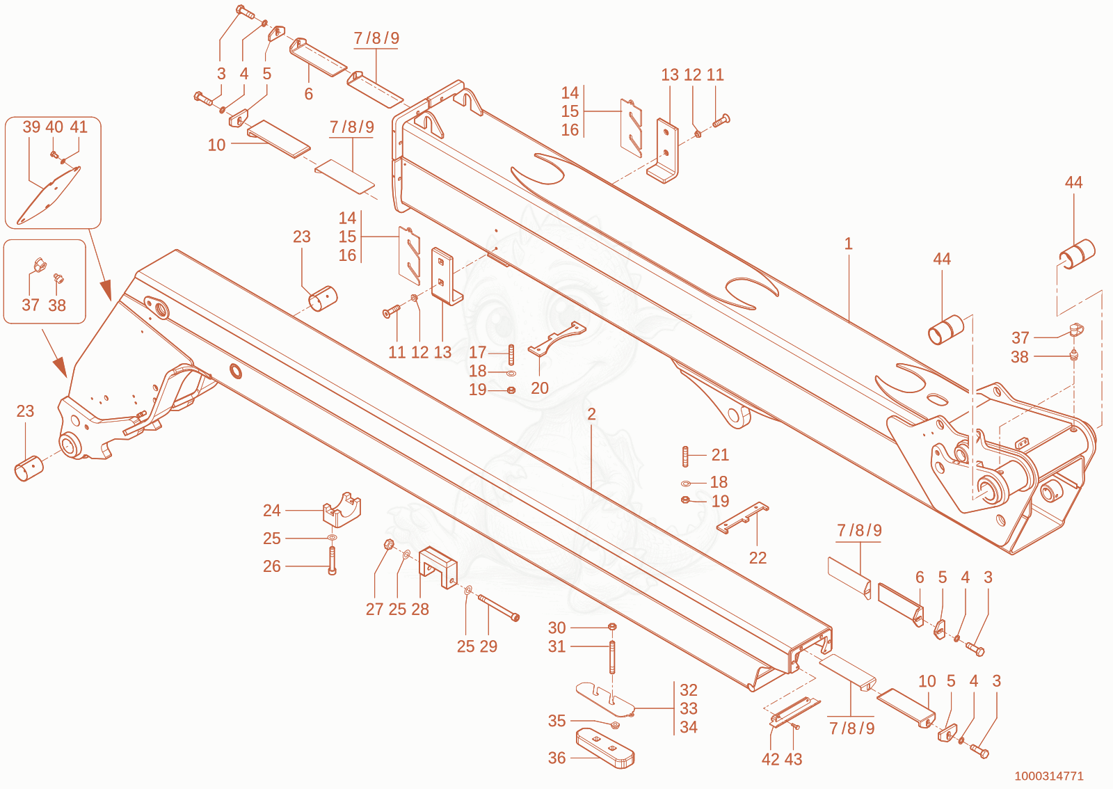 Exploded parts diagram of the Telescopic boom of a Wacker Neuson TH755(416-04), with numbered balloons