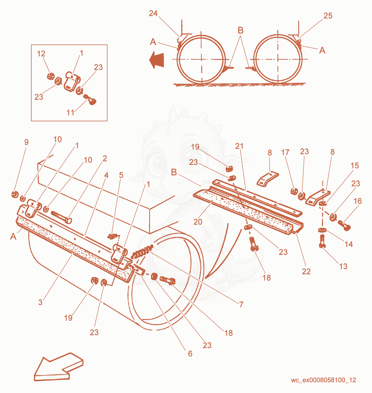 Exploded parts diagram of the Drum Scrapers of a Wacker Neuson RD25, with numbered balloons