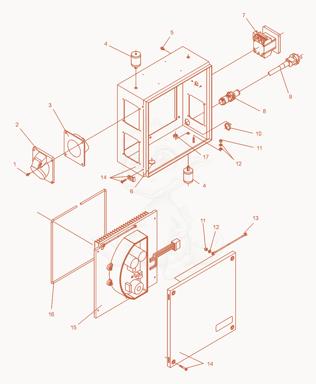 Exploded parts diagram of the Housing of a Wacker Neuson FUE4/250/200W, with numbered balloons