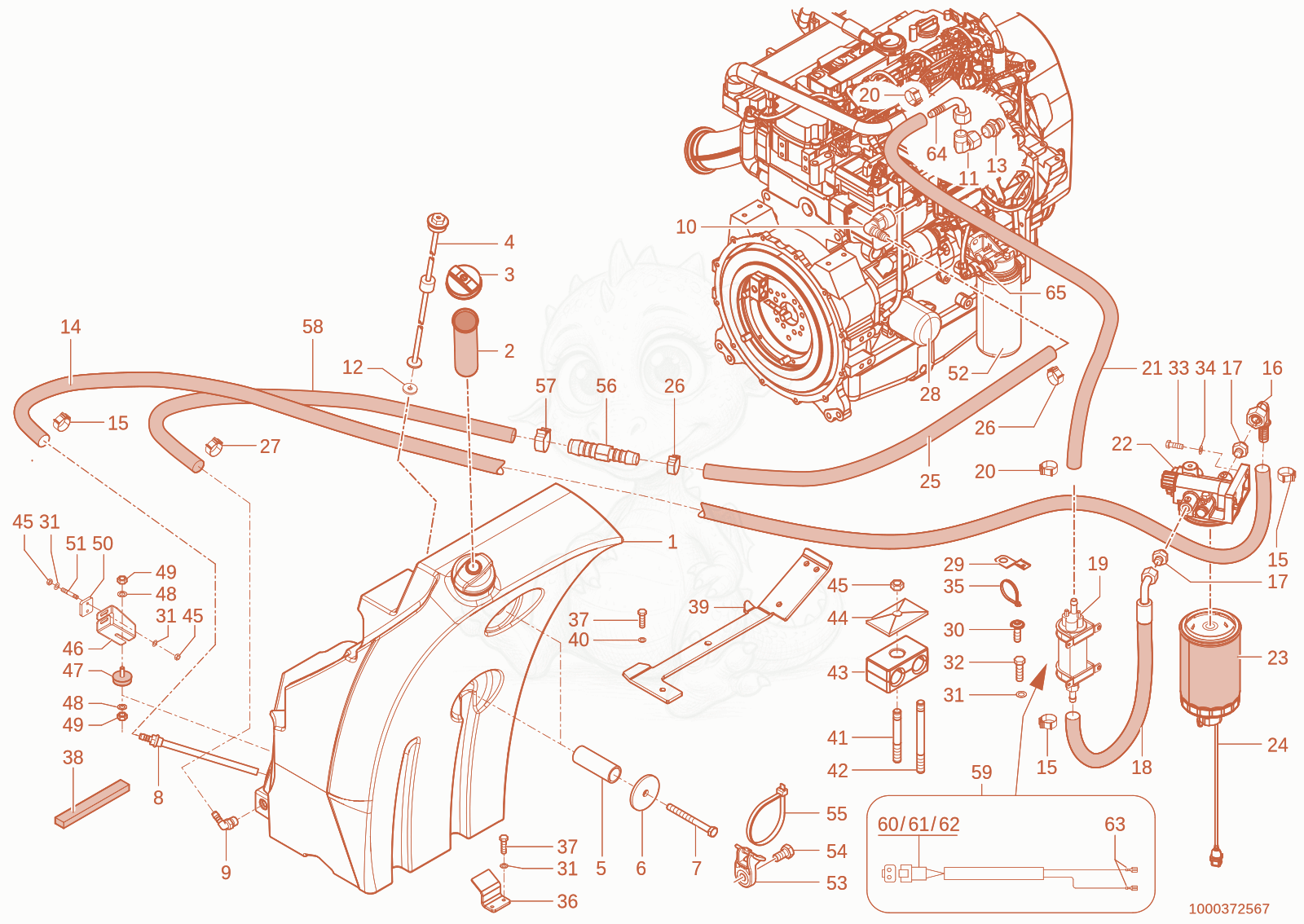 Exploded parts diagram of the fuel system of a Wacker Neuson TH735(415-16), with numbered balloons