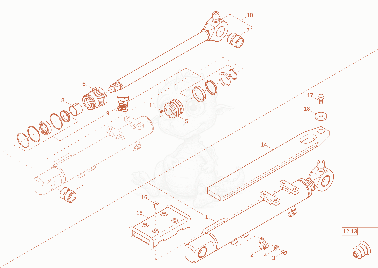 Exploded parts diagram of the bucket cylinder of a Wacker Neuson EZ10E, with numbered balloons