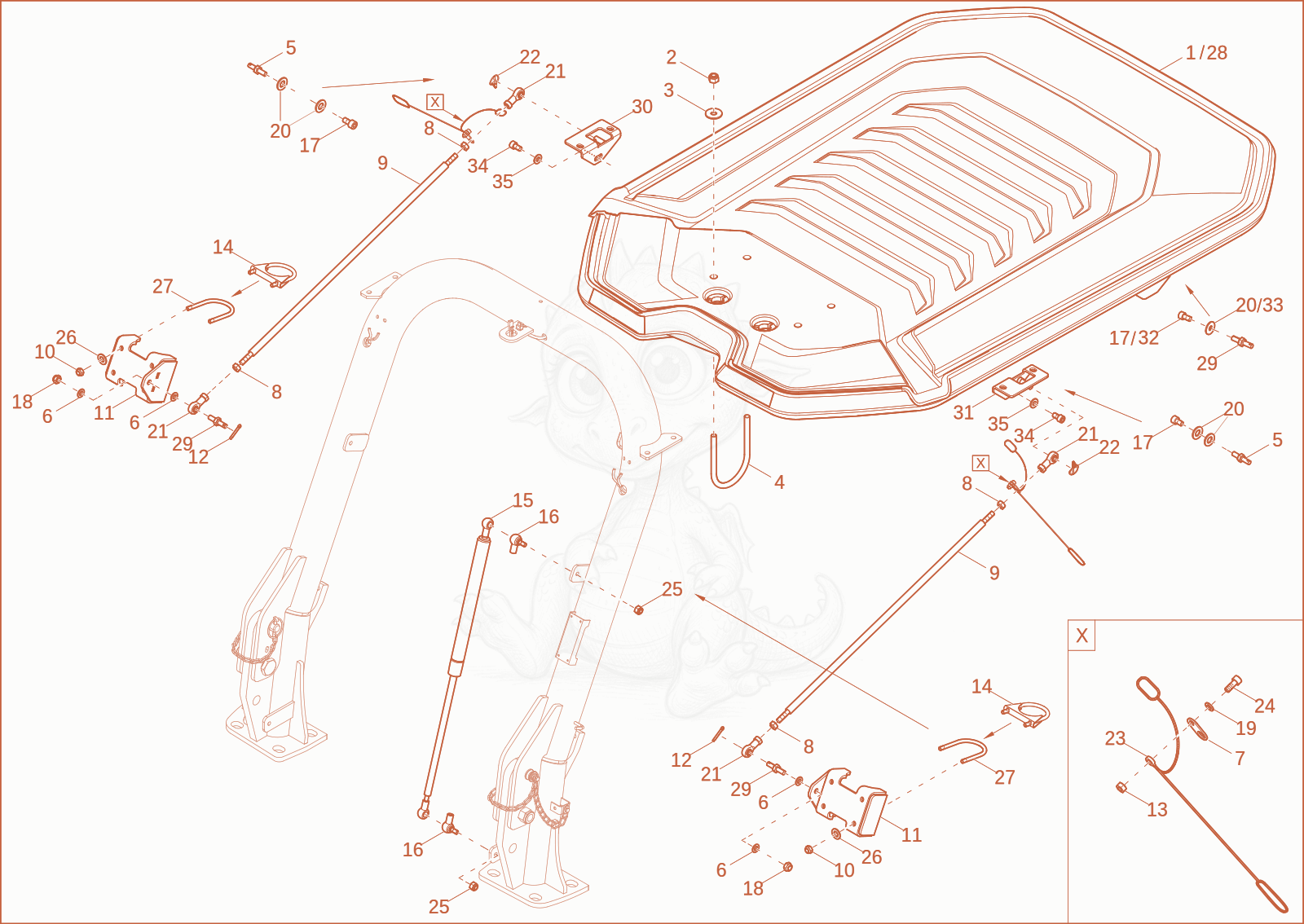 Exploded parts diagram of the protecting roof (Option) of a Wacker Neuson DW50-2, with numbered balloons