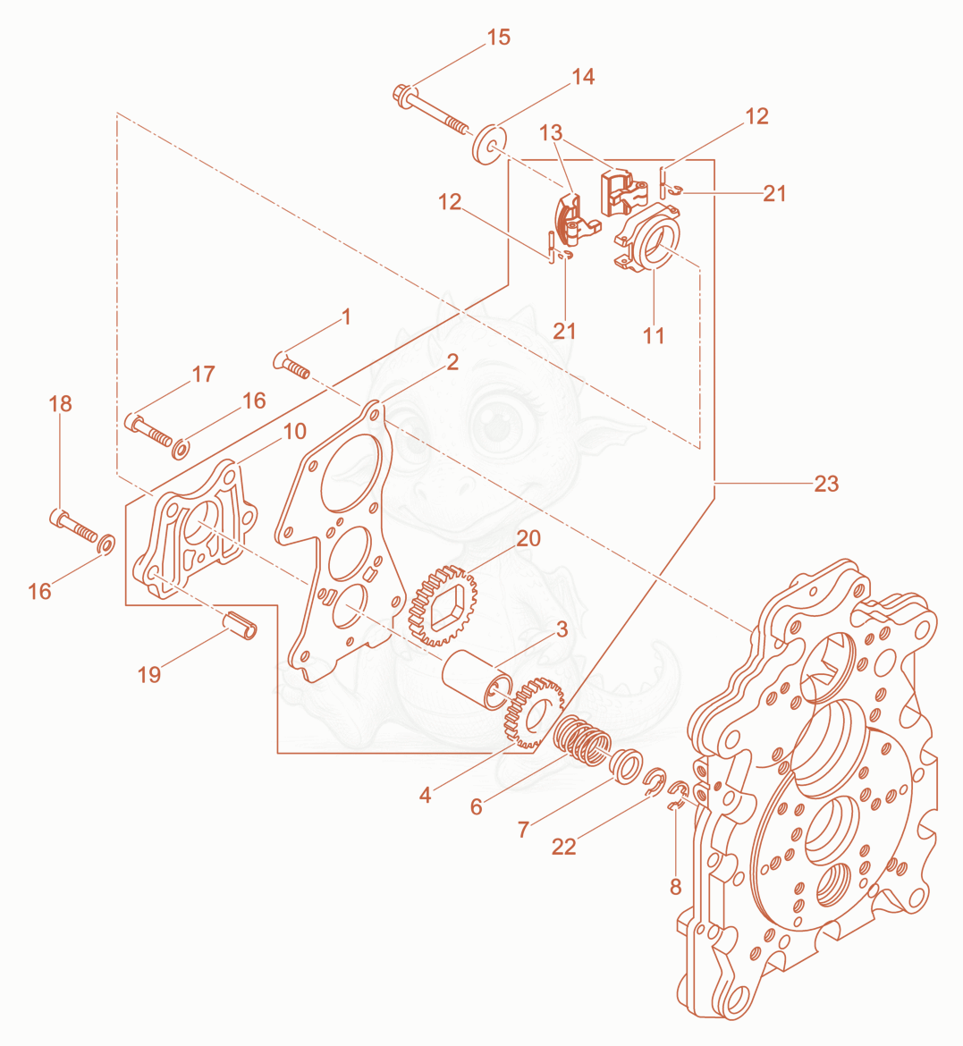 Exploded parts diagram of the Oil pump, Governor of a Wacker Neuson DPU4545HEC, with numbered balloons