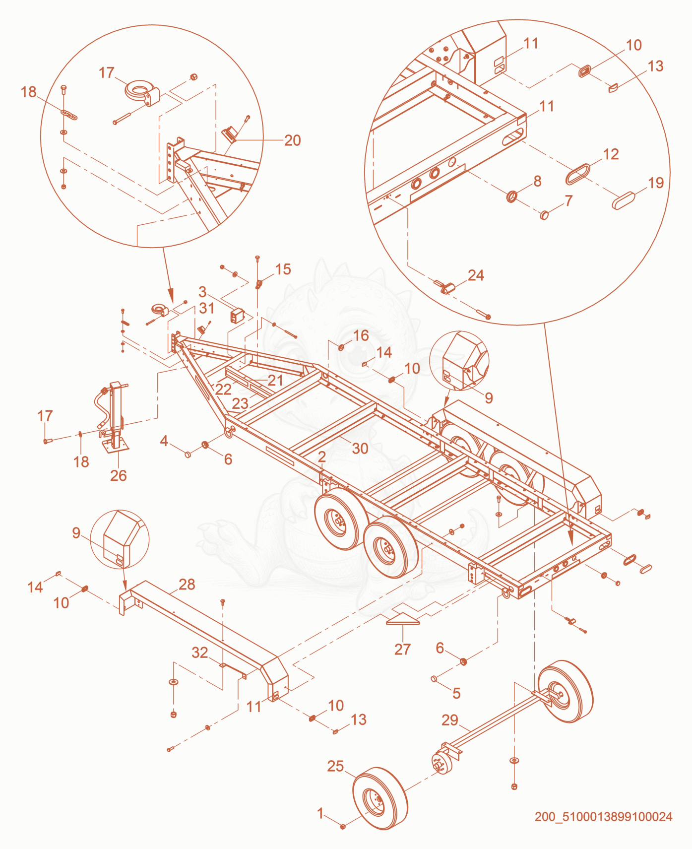 Exploded parts diagram of the Trailer cpl. of a Wacker Neuson G625, with numbered balloons