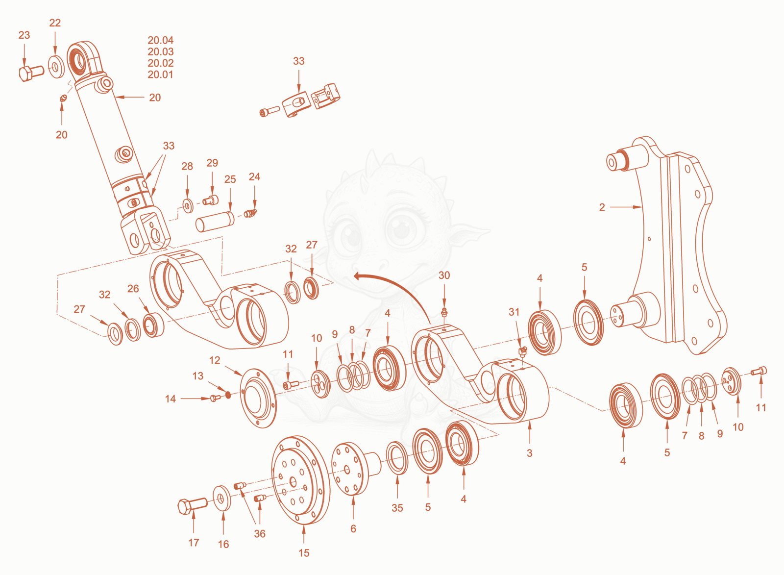 Exploded parts diagram of the edge pressing and cuttingdevice of a Wacker Neuson RD24-100CE, with numbered balloons