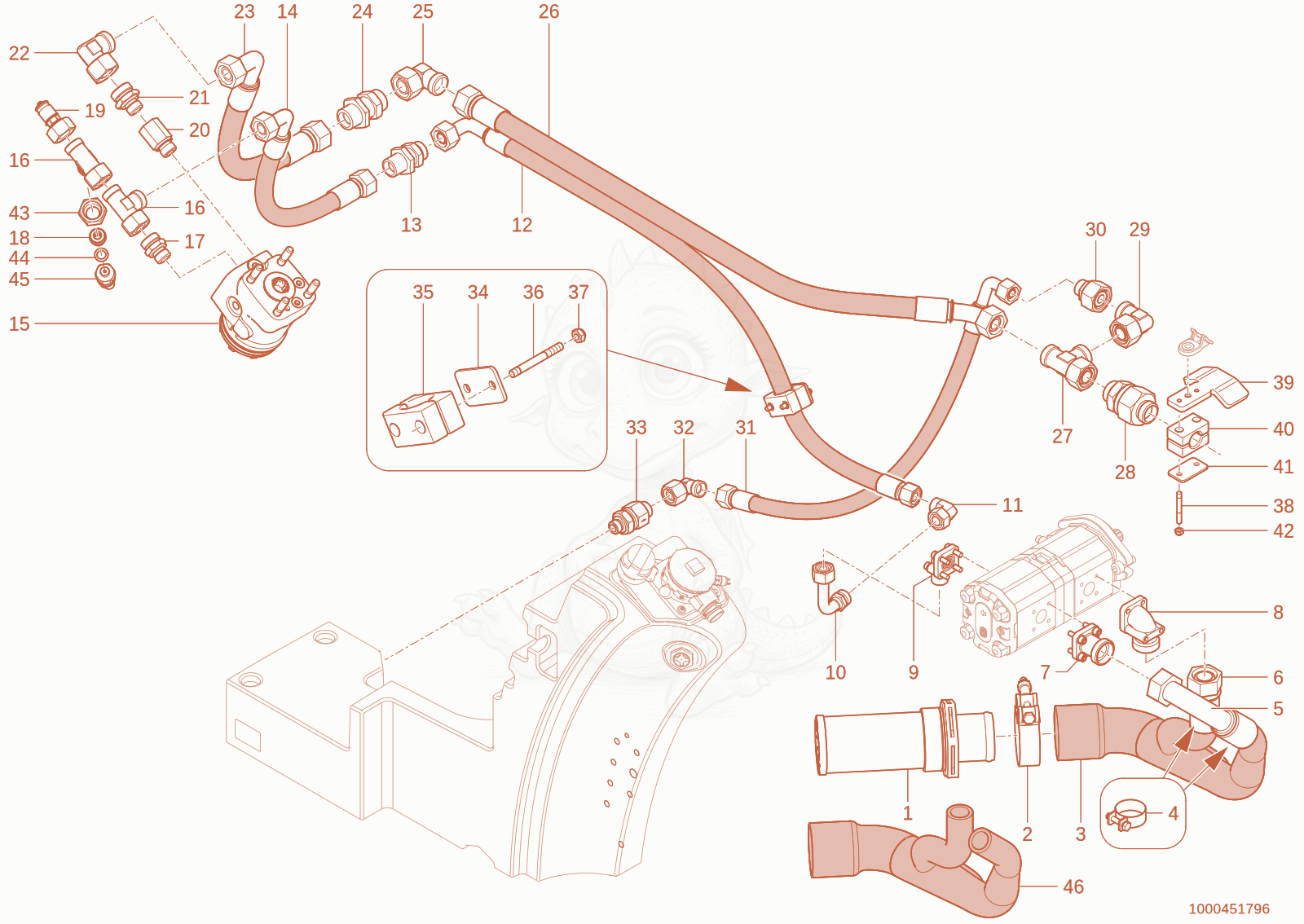 Exploded parts diagram of the Hydraulic circuit steering-Pump-Tank of a Wacker Neuson TH735(415-36), with numbered balloons