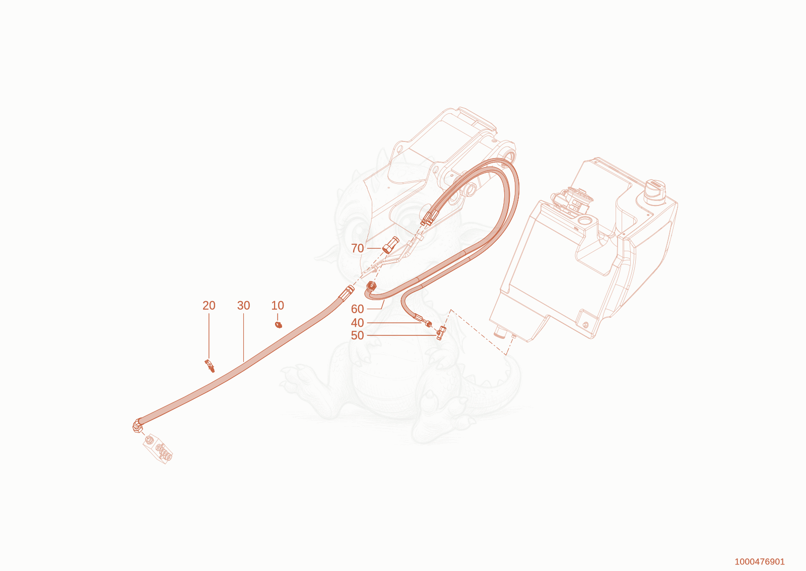 Exploded parts diagram of the reflux line of a Wacker Neuson TH412(T01-01), with numbered balloons