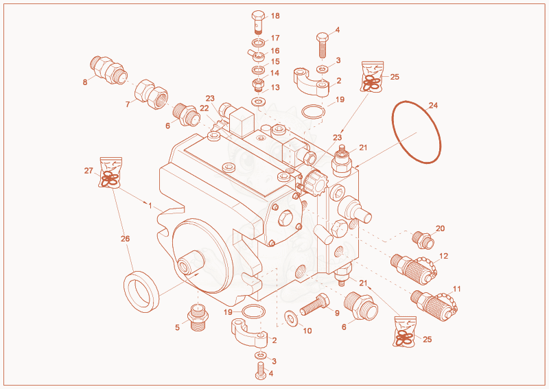 Exploded parts diagram of the displacement pump of a Wacker Neuson 3501AB, with numbered balloons
