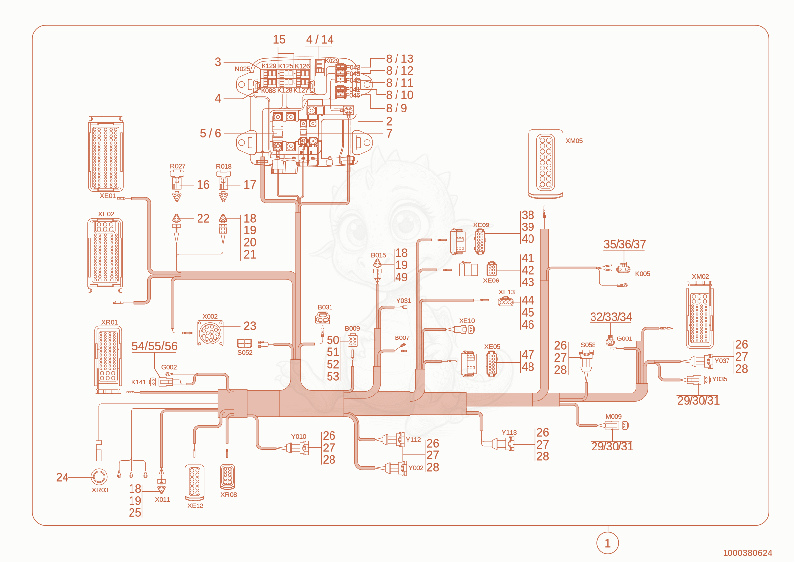 Exploded parts diagram of the wiring harness engine of a Wacker Neuson TH730(415-14), with numbered balloons