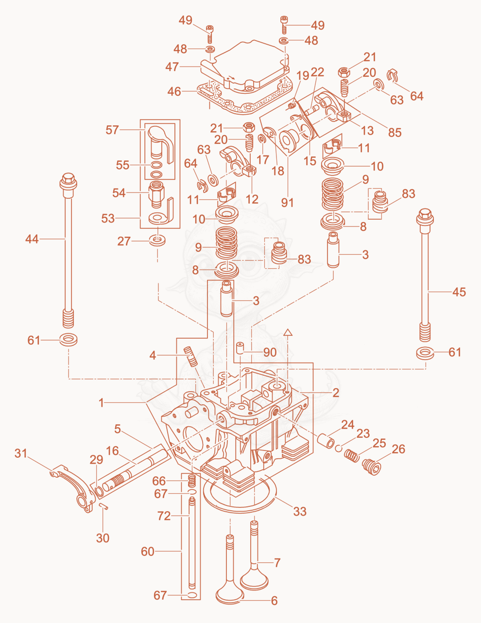 Exploded parts diagram of the Cylinder head of a Wacker Neuson DPU4545HAP, with numbered balloons