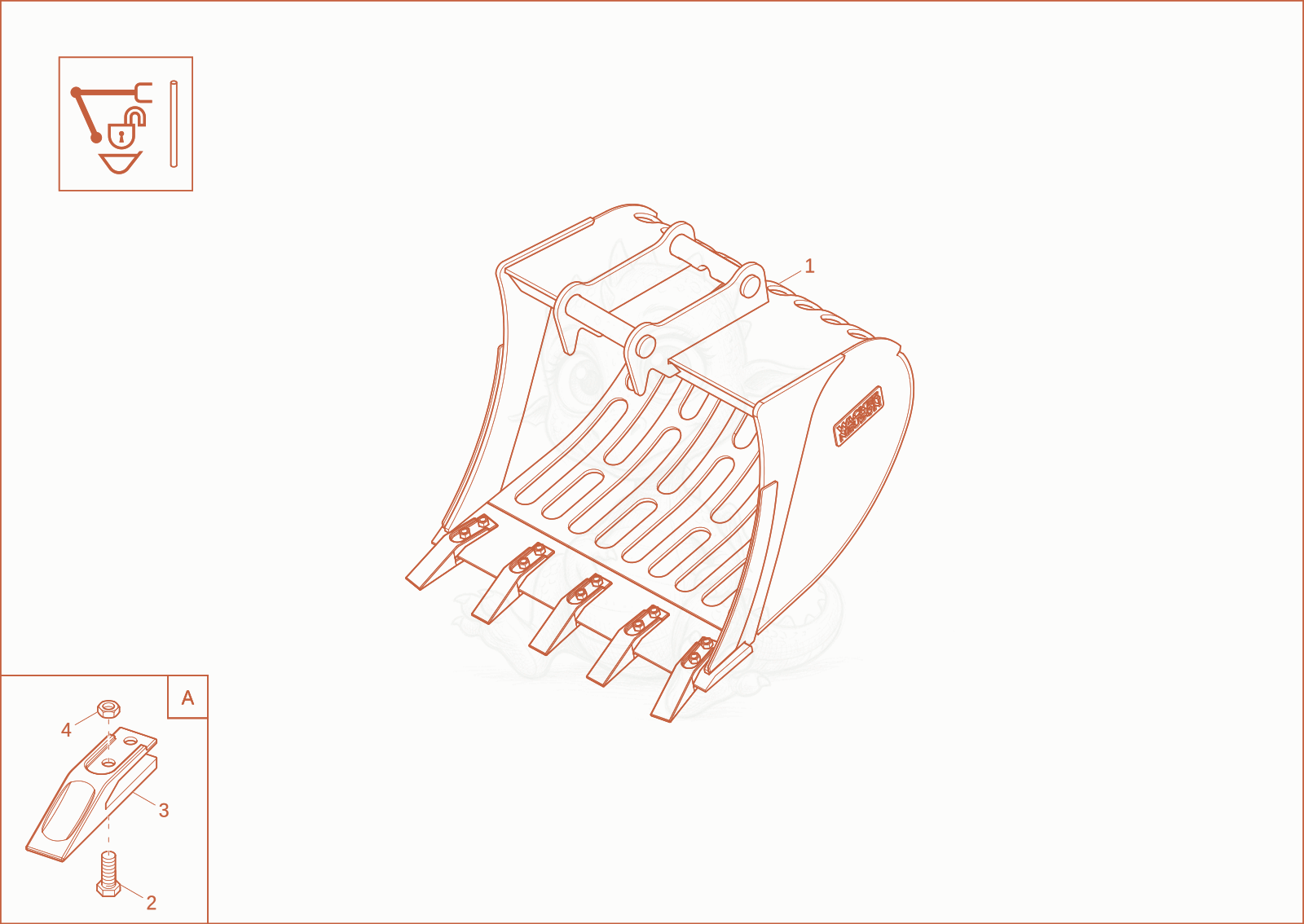 Exploded parts diagram of the bucket QHS (option) of a Wacker Neuson ET58, with numbered balloons