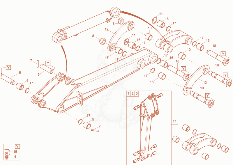 Despiece del dipperstick short de una máquina Wacker Neuson 1404, con globos numerados