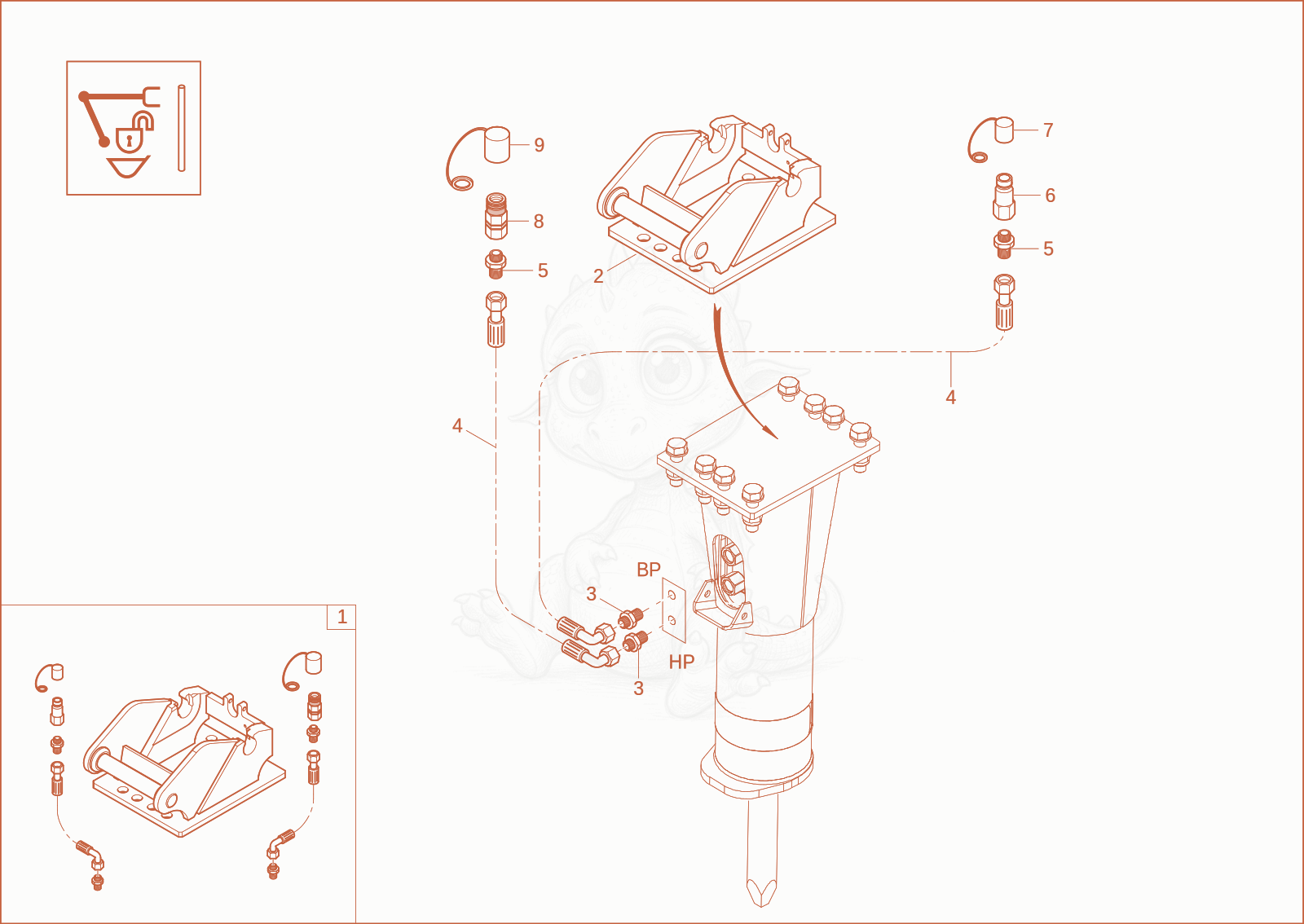 Exploded parts diagram of the KIT HYDR. BREAKER (Option) SP of a Wacker Neuson 1404, with numbered balloons
