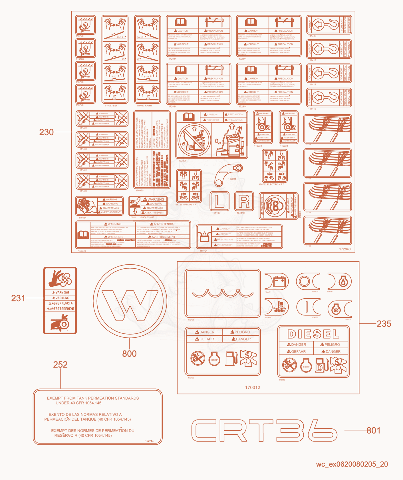 Exploded parts diagram of the Labels of a Wacker Neuson CRT36-24A, with numbered balloons