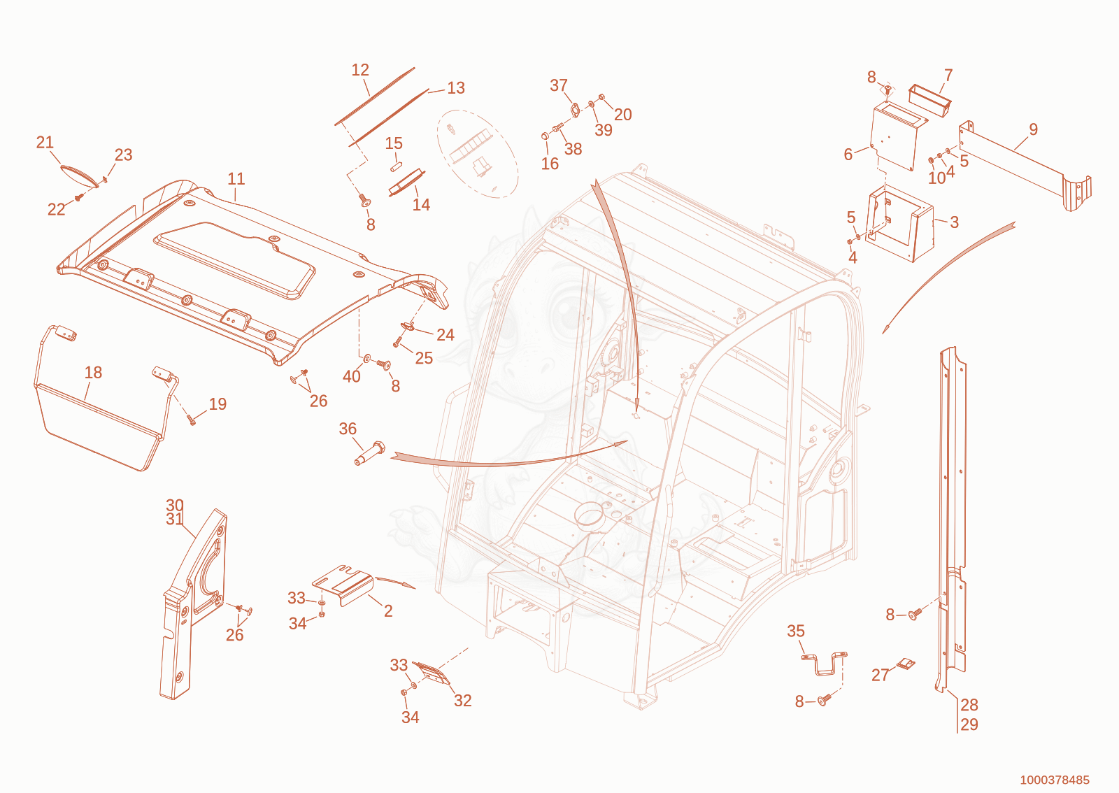 Exploded parts diagram of the cab trim of a Wacker Neuson WL70STAGEV, with numbered balloons