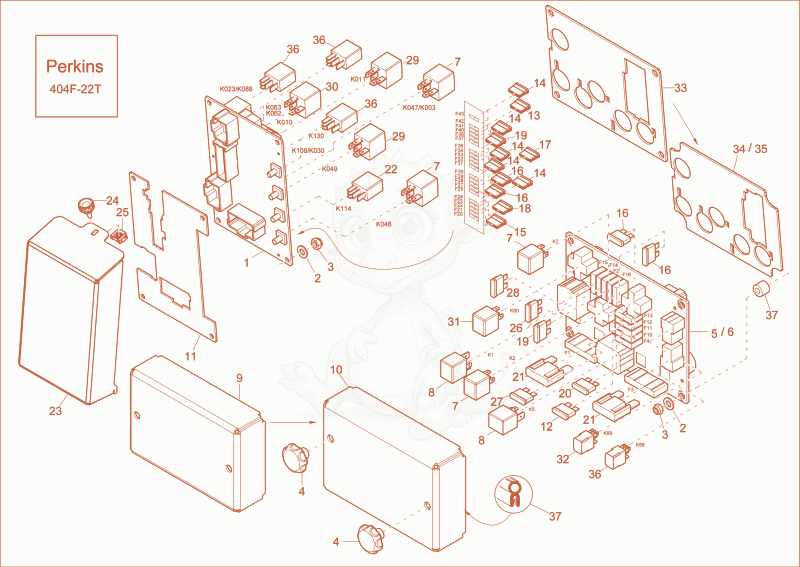 Exploded parts diagram of the RELAY BOX of a Wacker Neuson EW65, with numbered balloons
