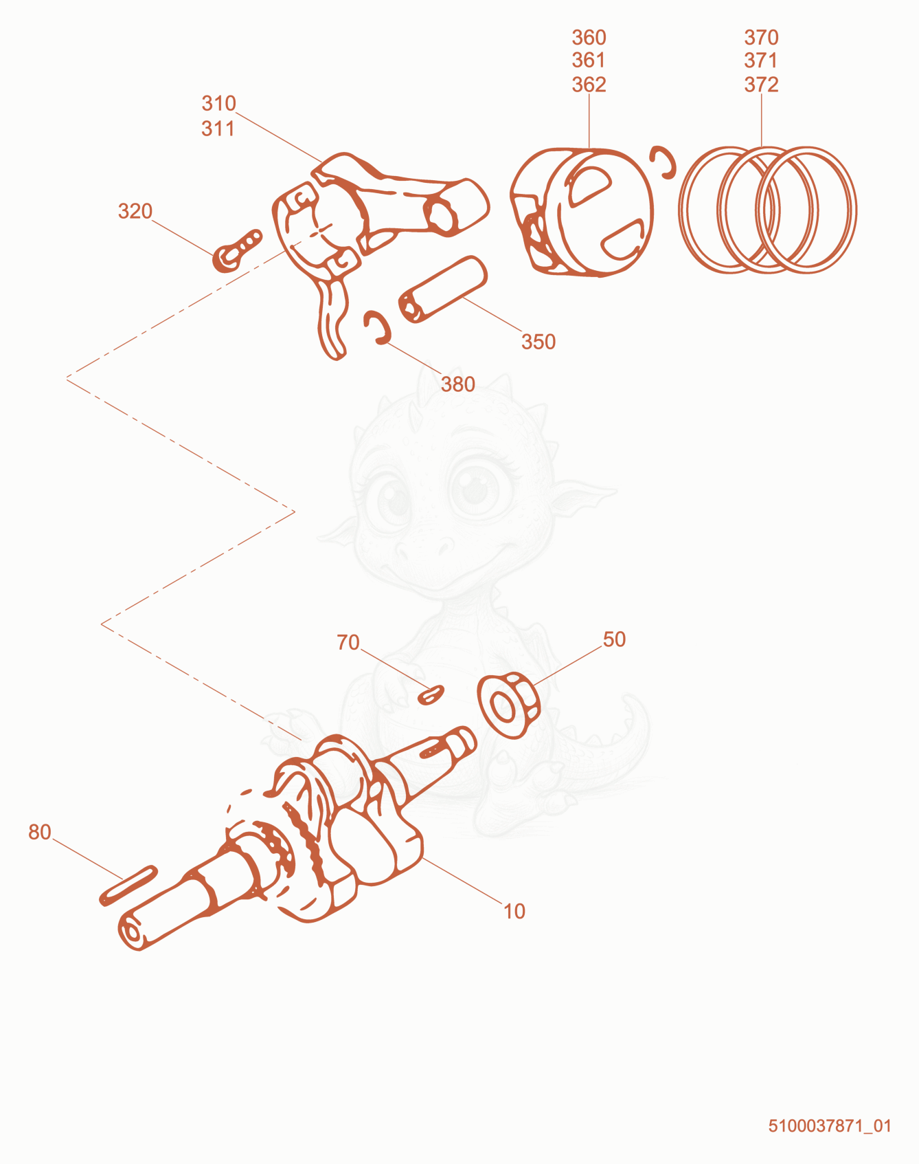 Exploded parts diagram of the Crankshaft/Piston/Connecting Rod of a Wacker Neuson WP1540, with numbered balloons