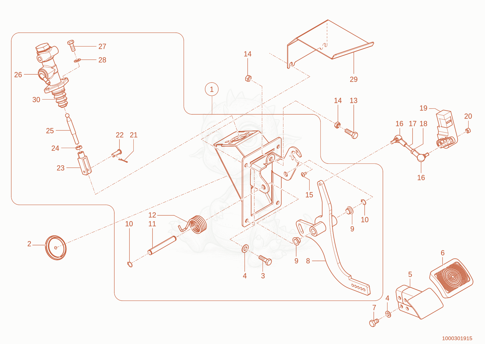 Exploded parts diagram of the brake pedal of a Wacker Neuson TH735(415-06), with numbered balloons