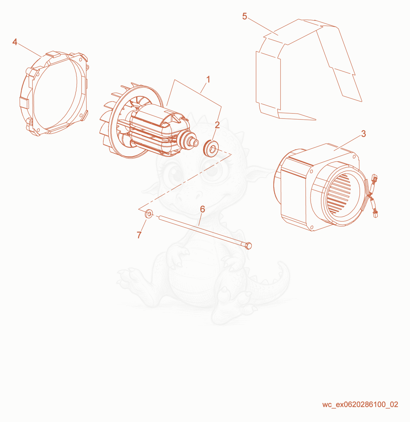 Despiece del Rotor & Stator de una máquina Wacker Neuson GV2500A, con globos numerados