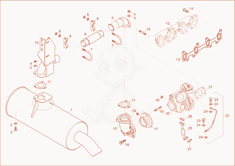 Exploded parts diagram of the exhaust of a Wacker Neuson 10001, with numbered balloons