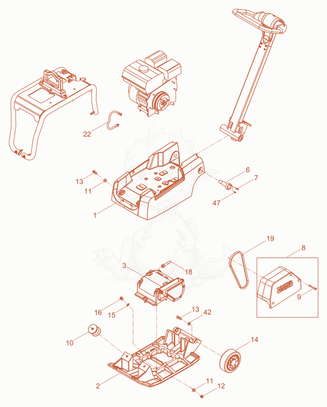 Exploded parts diagram of the Vibratory Plate cpl. of a Wacker Neuson BPU3050A, with numbered balloons