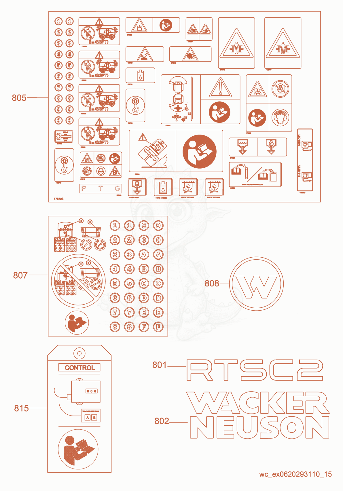 Exploded parts diagram of the Labels of a Wacker Neuson RT82-SC2EU, with numbered balloons