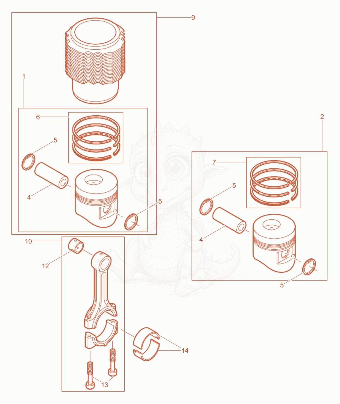 Exploded parts diagram of the Piston, Connecting rod,Cylinder of a Wacker Neuson RD7HF, with numbered balloons