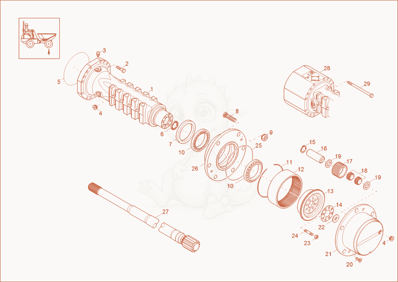 Exploded parts diagram of the AXLE CASE, WHEEL HUB (FRONT AXLE) of a Wacker Neuson 3501AB, with numbered balloons