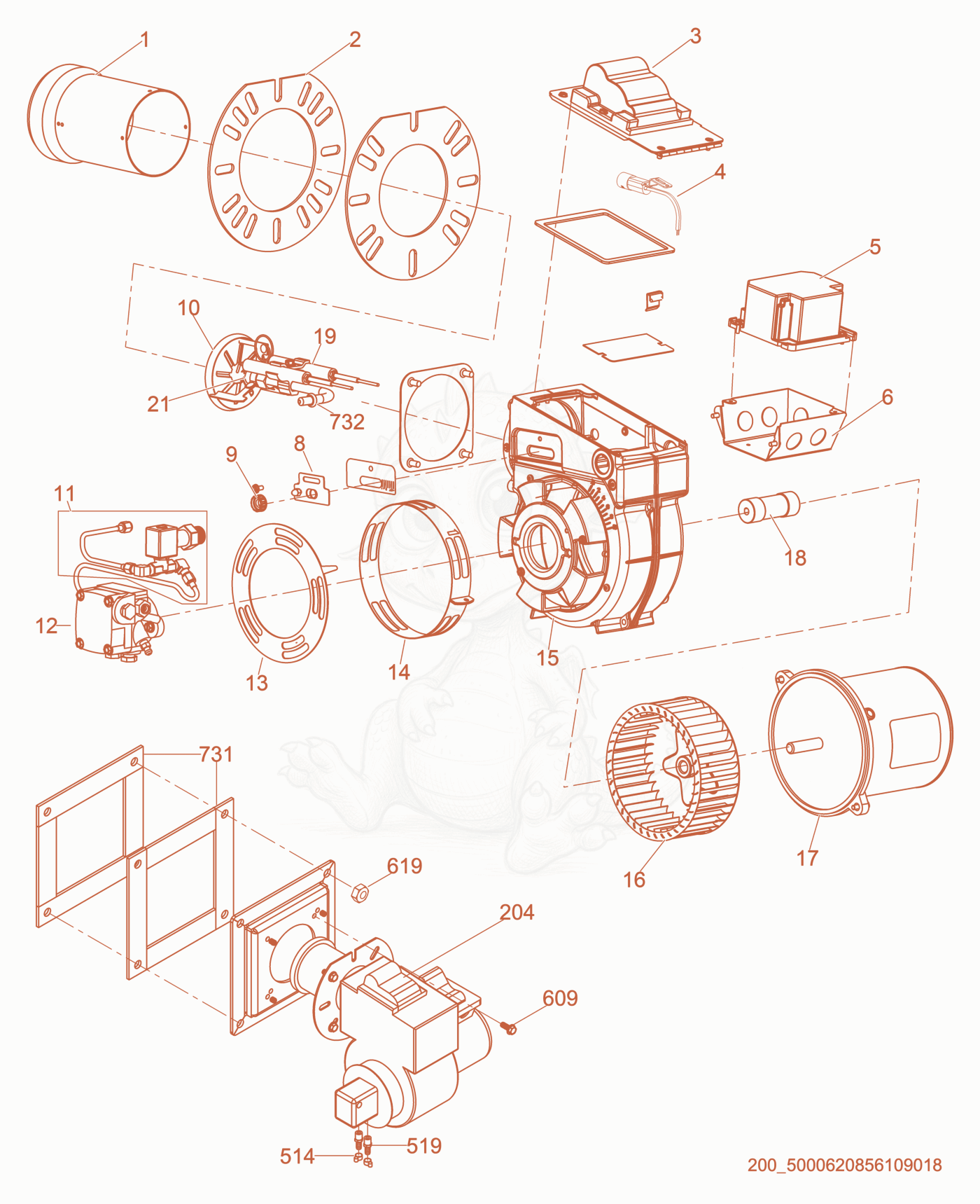 Exploded parts diagram of the Burner cpl. of a Wacker Neuson HI750D, with numbered balloons