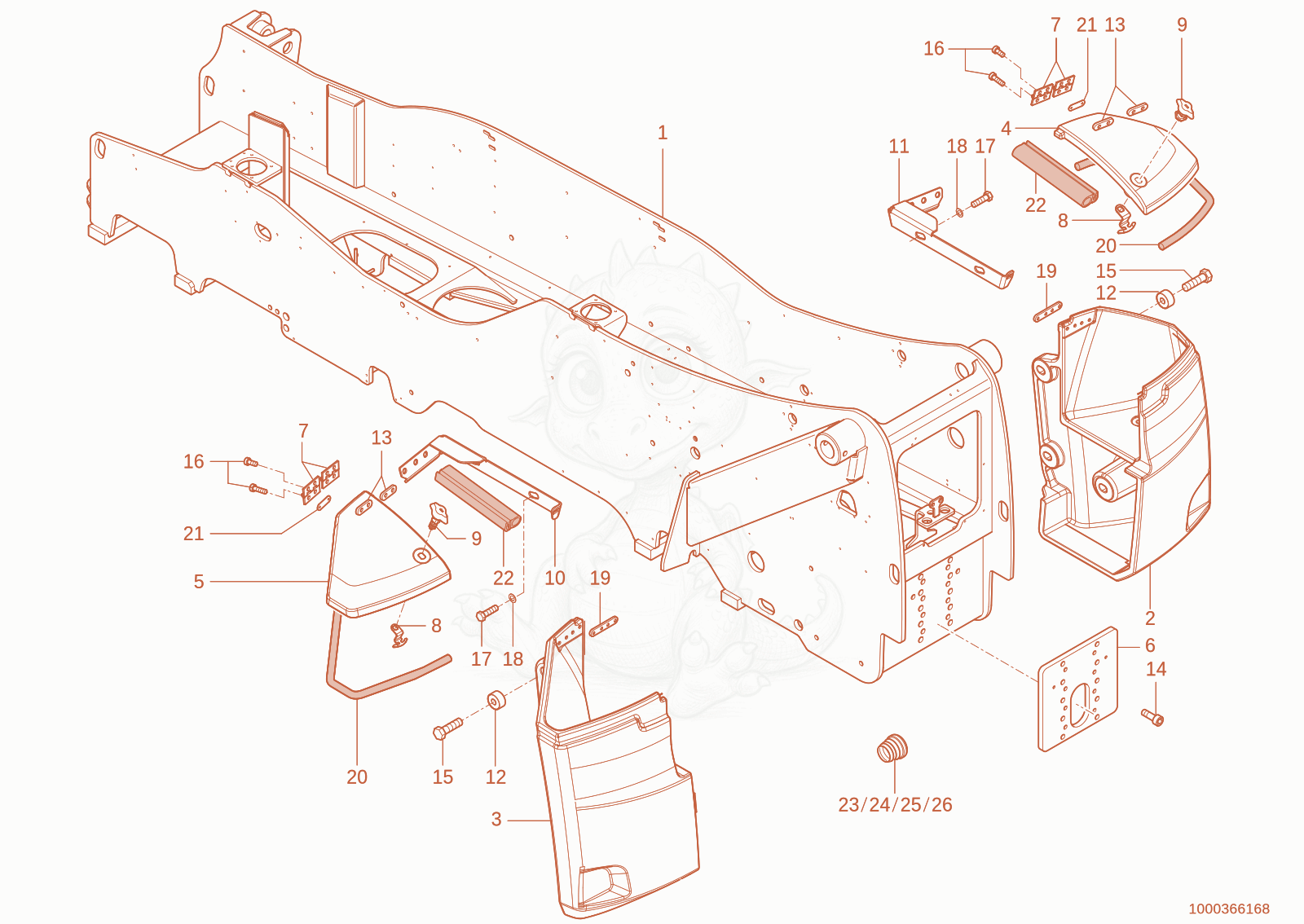 Exploded parts diagram of the Frame of a Wacker Neuson TH955(416-16), with numbered balloons