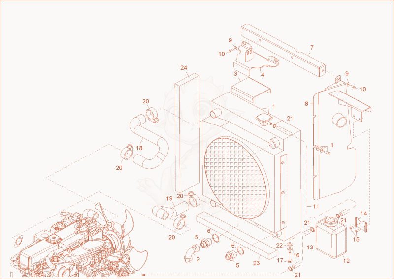 Exploded parts diagram of the oil cooler of a Wacker Neuson DT25, with numbered balloons