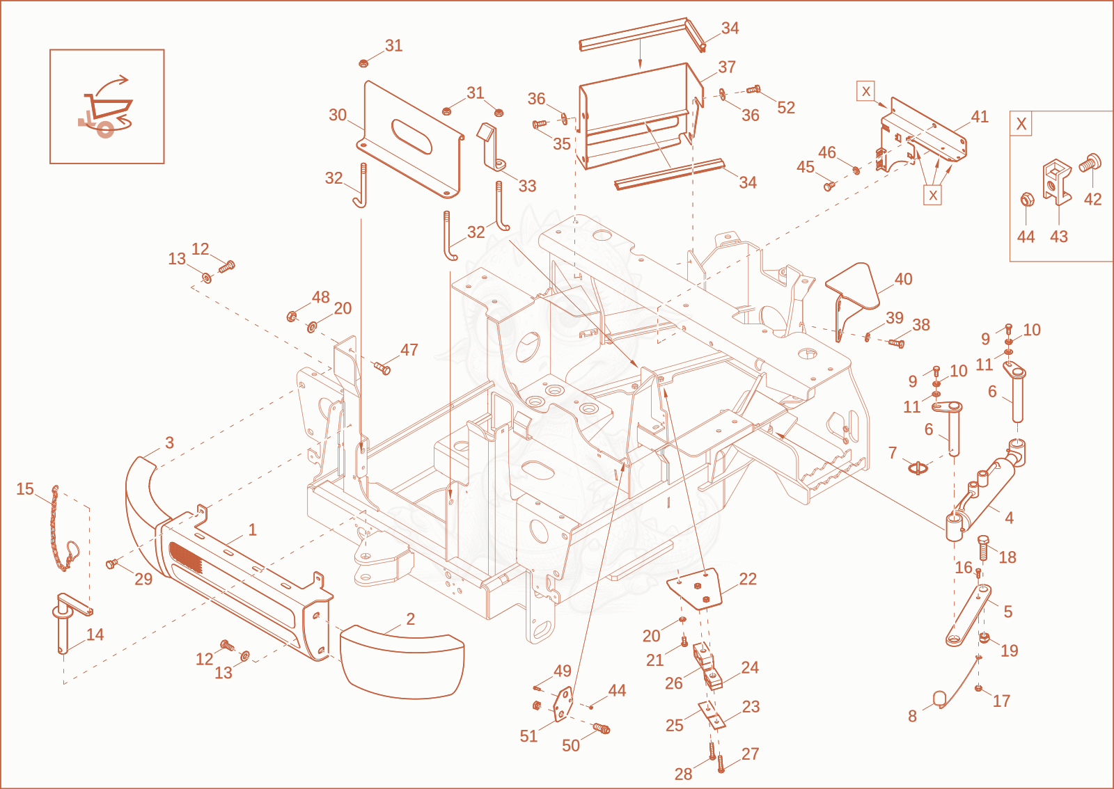 Exploded parts diagram of the rear part frame of a Wacker Neuson DW15E, with numbered balloons
