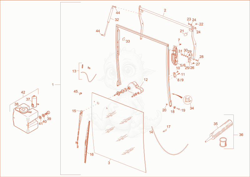 Exploded parts diagram of the front window of a Wacker Neuson 14504, with numbered balloons