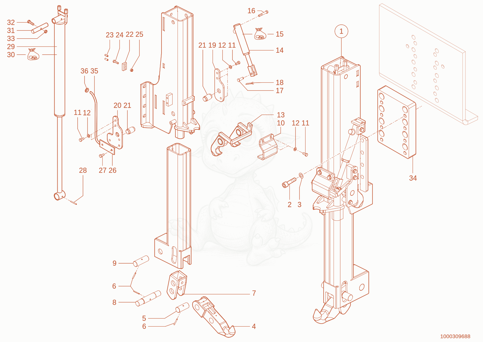 Exploded parts diagram of the trailer coupling of a Wacker Neuson TH735(415-06), with numbered balloons