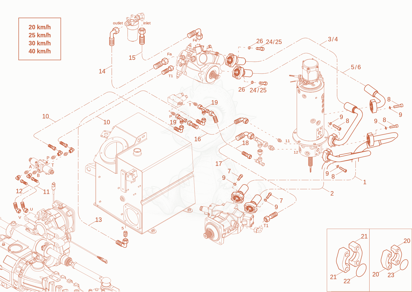 Exploded parts diagram of the Transmission 20-40km/h Installation(opt) of a Wacker Neuson EW100-2, with numbered balloons
