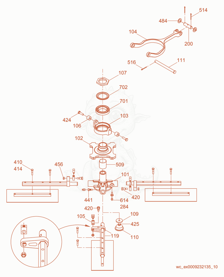 Exploded parts diagram of the Blade Mechanism-Left of a Wacker Neuson CRT36-23K-H, with numbered balloons