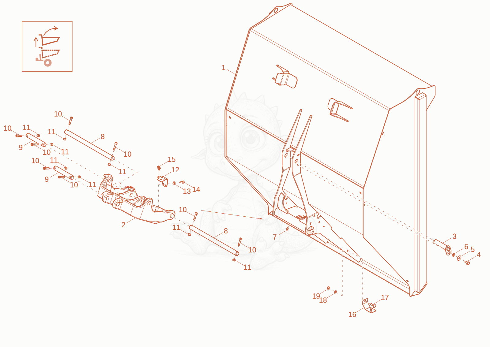 Exploded parts diagram of the skip of a Wacker Neuson DW15, with numbered balloons