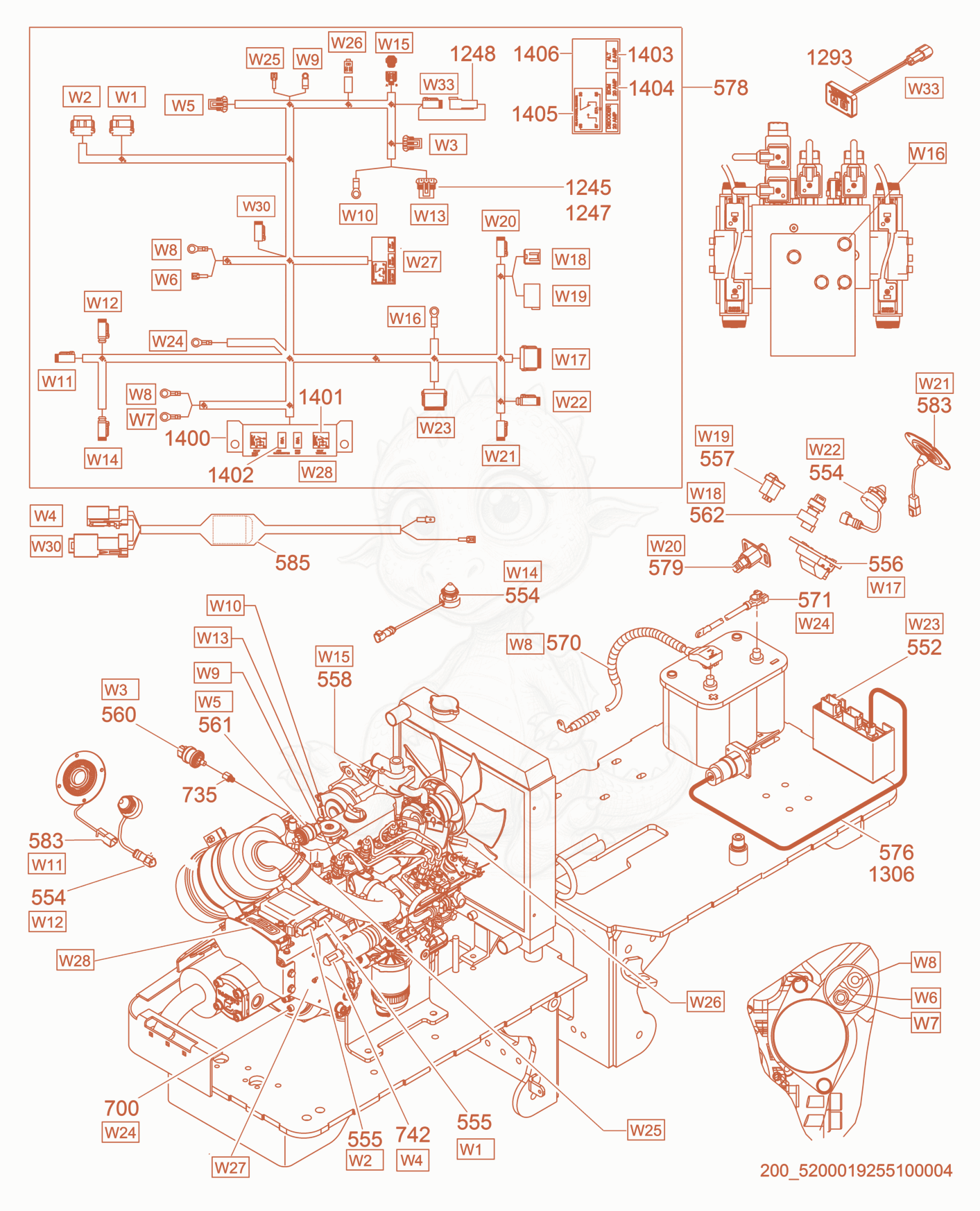 Despiece del Electric Equipment/Wiring de una máquina Wacker Neuson RTK82-SC3, con globos numerados