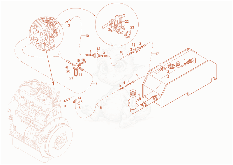 Exploded parts diagram of the fuel system of a Wacker Neuson DT15, with numbered balloons